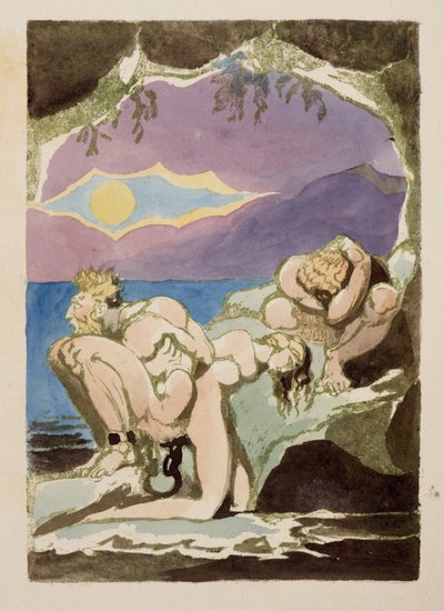 Figures on rocks, above them a sun appears in a break of heavy clouds, from Visions of the Daughters of Albion by William Blake